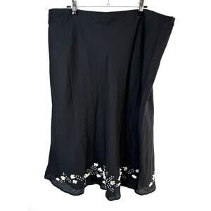 Vintage Carole Little Black Midi Linen Embroidered A-Line Shells Skirt Size 16